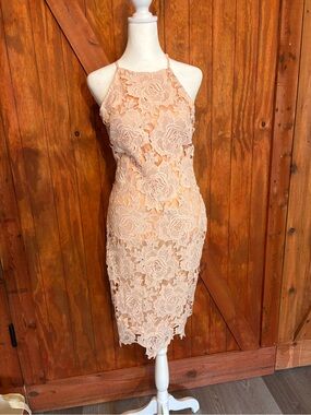 Lulu's Blush Lace Appliqué Halter Midi Dress